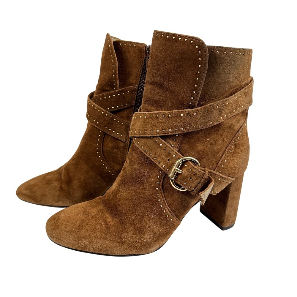 Ann Taylor‎ Brown Suede Studded Buckle Ankle Boots Women 6M Block Heel Moto Boho